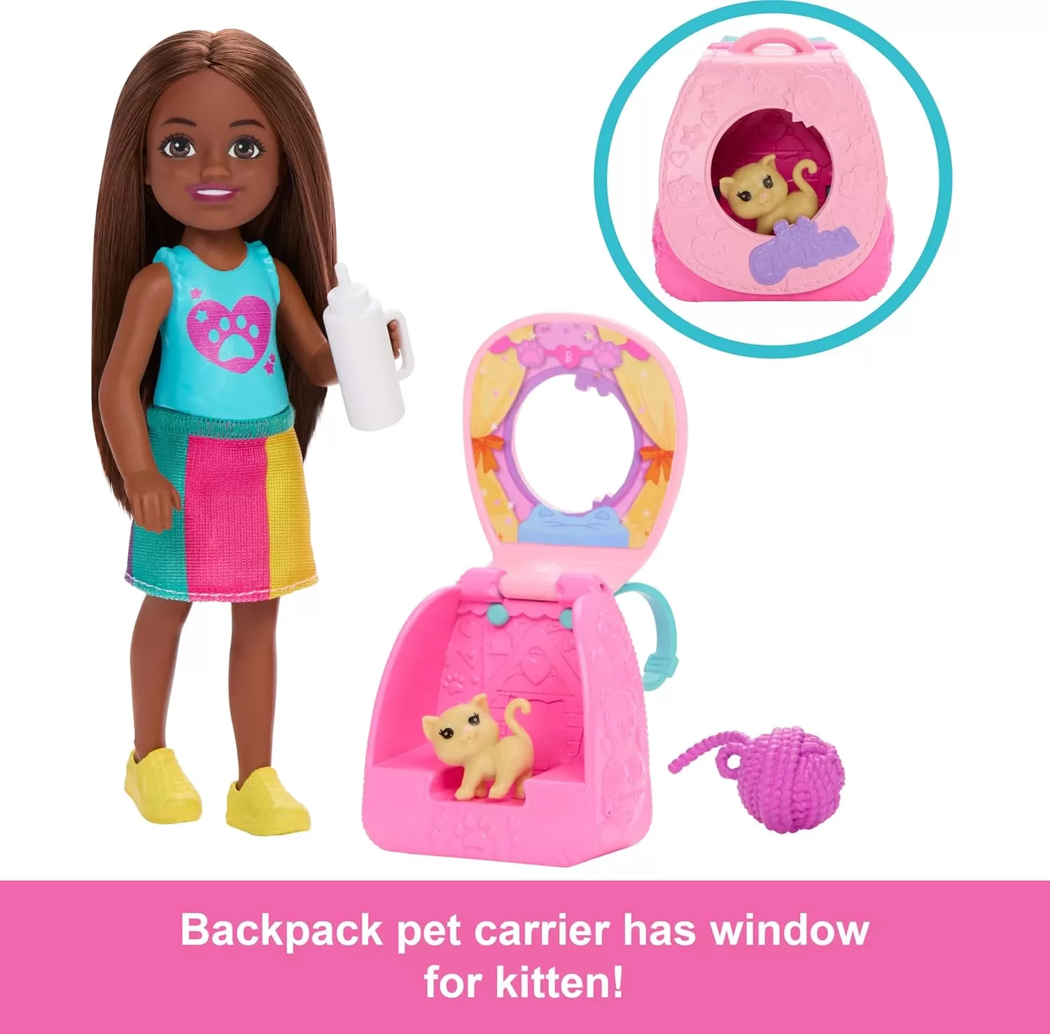 imageBarbie Family ampamp Friends Playtime Kitty Backpack Brunette Chelsea Doll and Accessories Including Backpack with Kitten Bottle and Yarn
