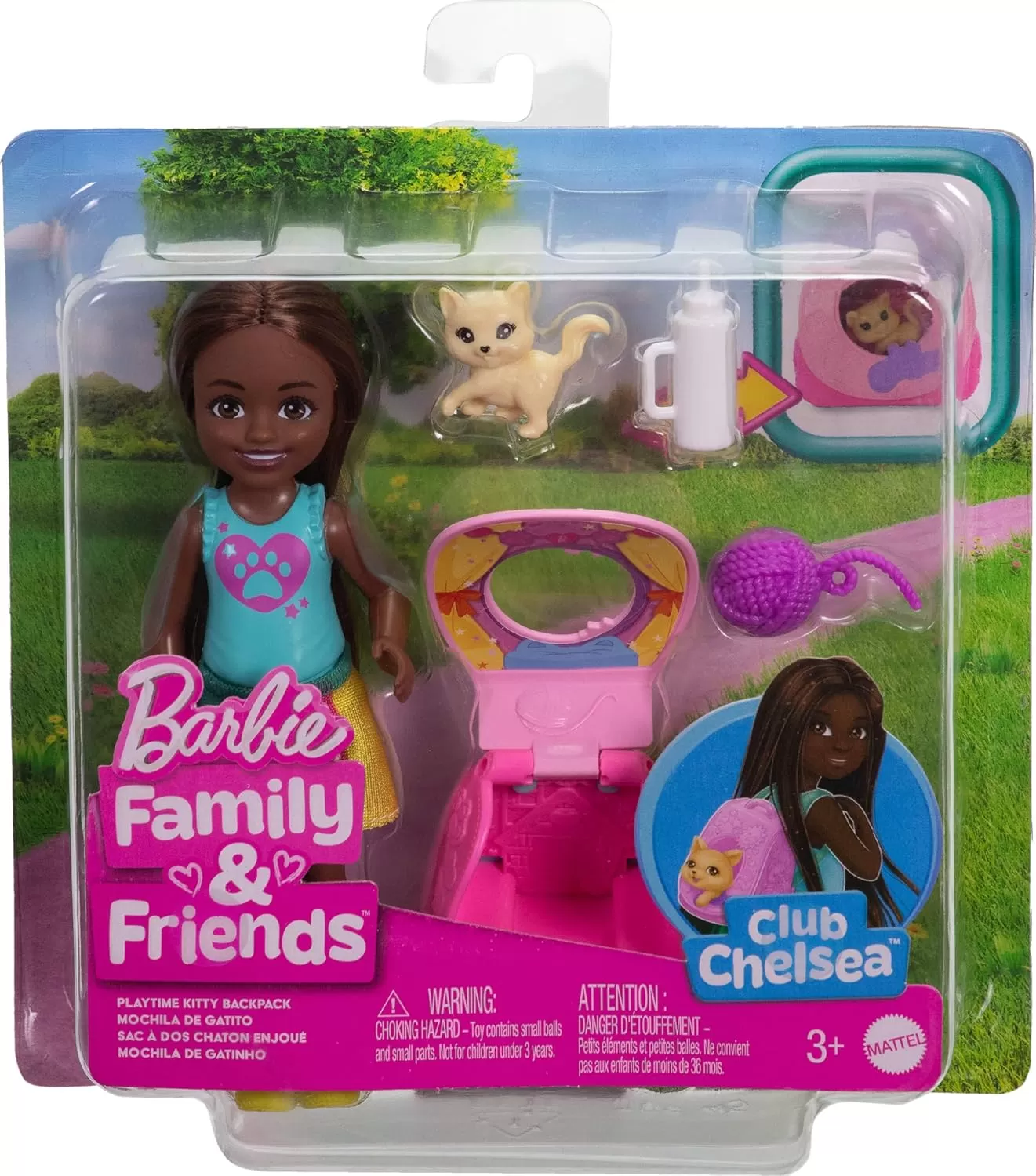 imageBarbie Family ampamp Friends Playtime Kitty Backpack Brunette Chelsea Doll and Accessories Including Backpack with Kitten Bottle and Yarn