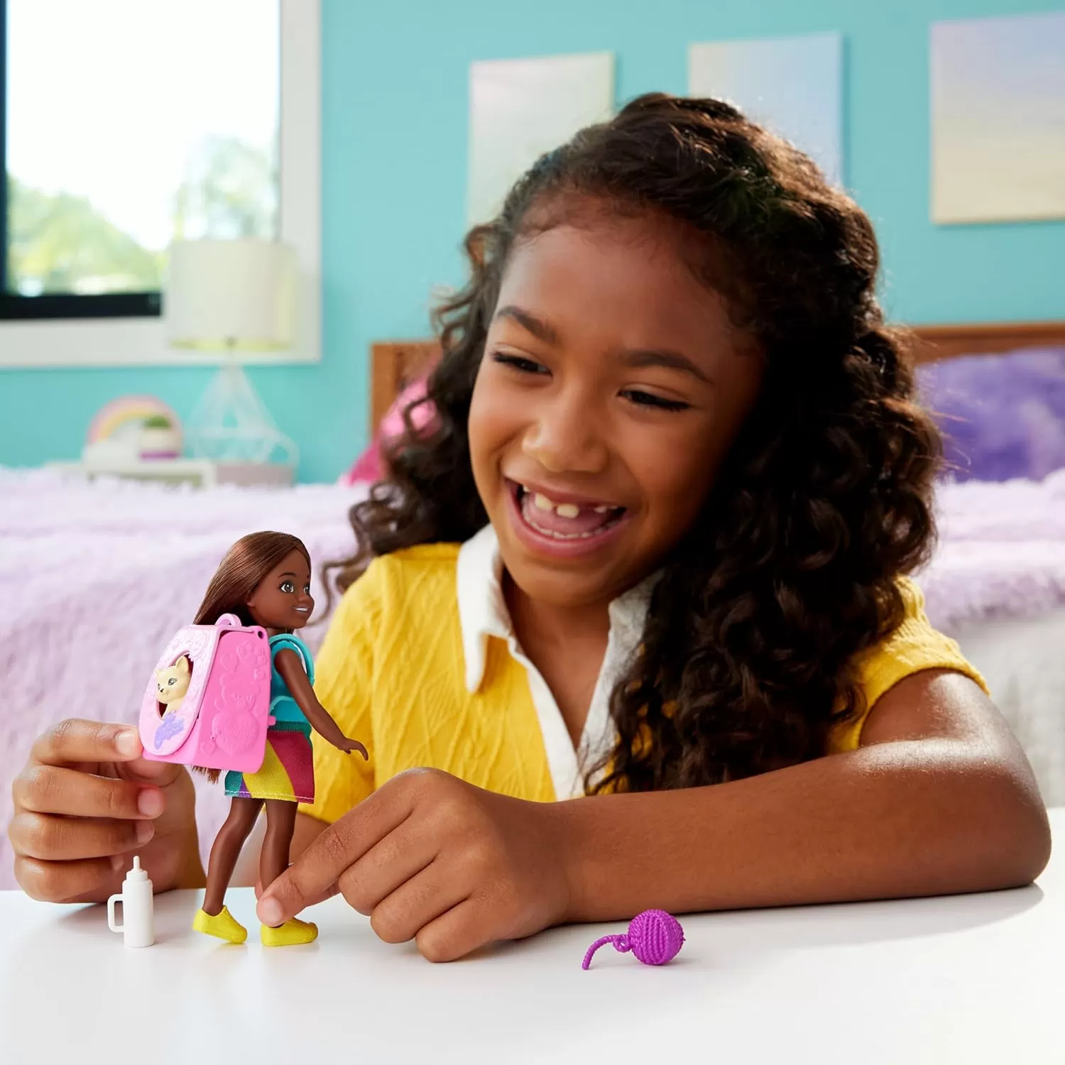 imageBarbie Family ampamp Friends Playtime Kitty Backpack Brunette Chelsea Doll and Accessories Including Backpack with Kitten Bottle and Yarn