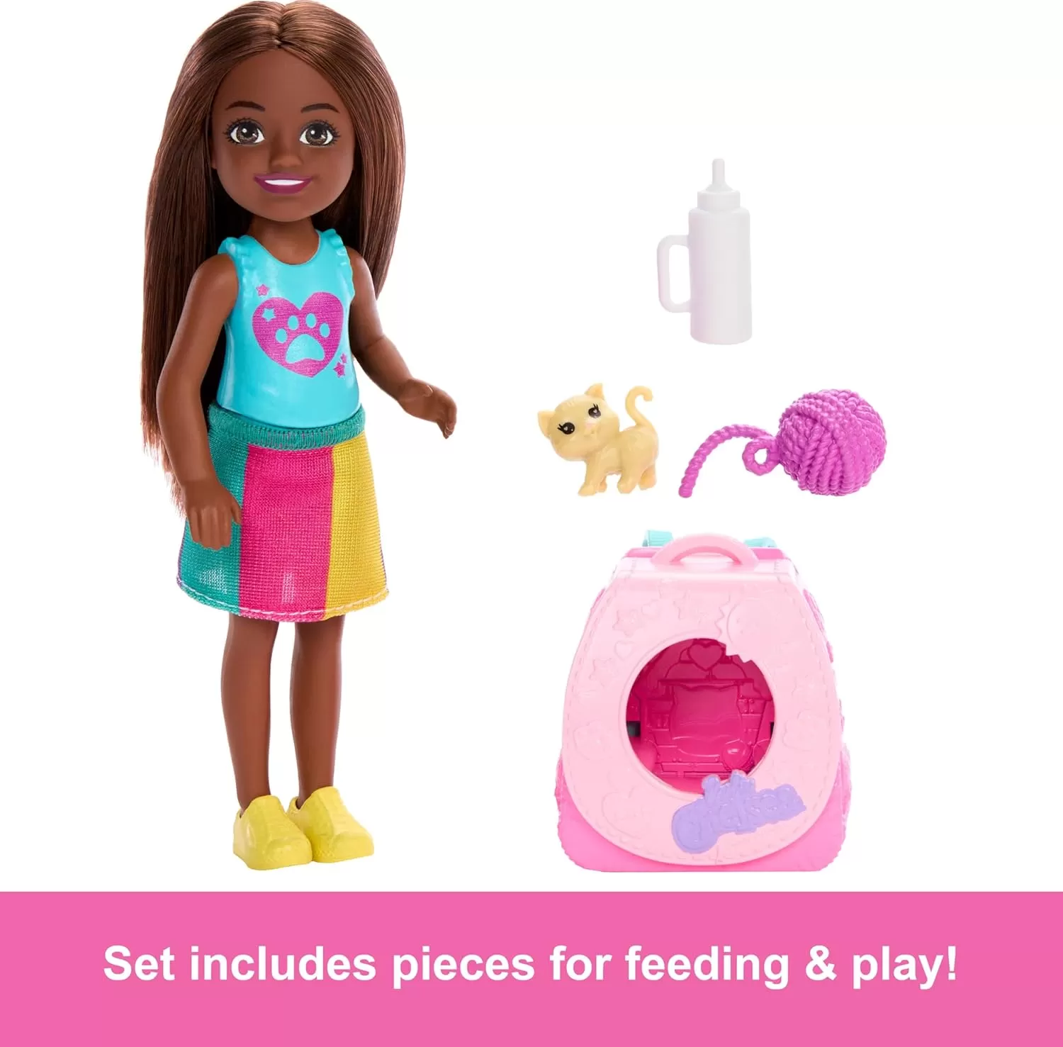 imageBarbie Family ampamp Friends Playtime Kitty Backpack Brunette Chelsea Doll and Accessories Including Backpack with Kitten Bottle and Yarn
