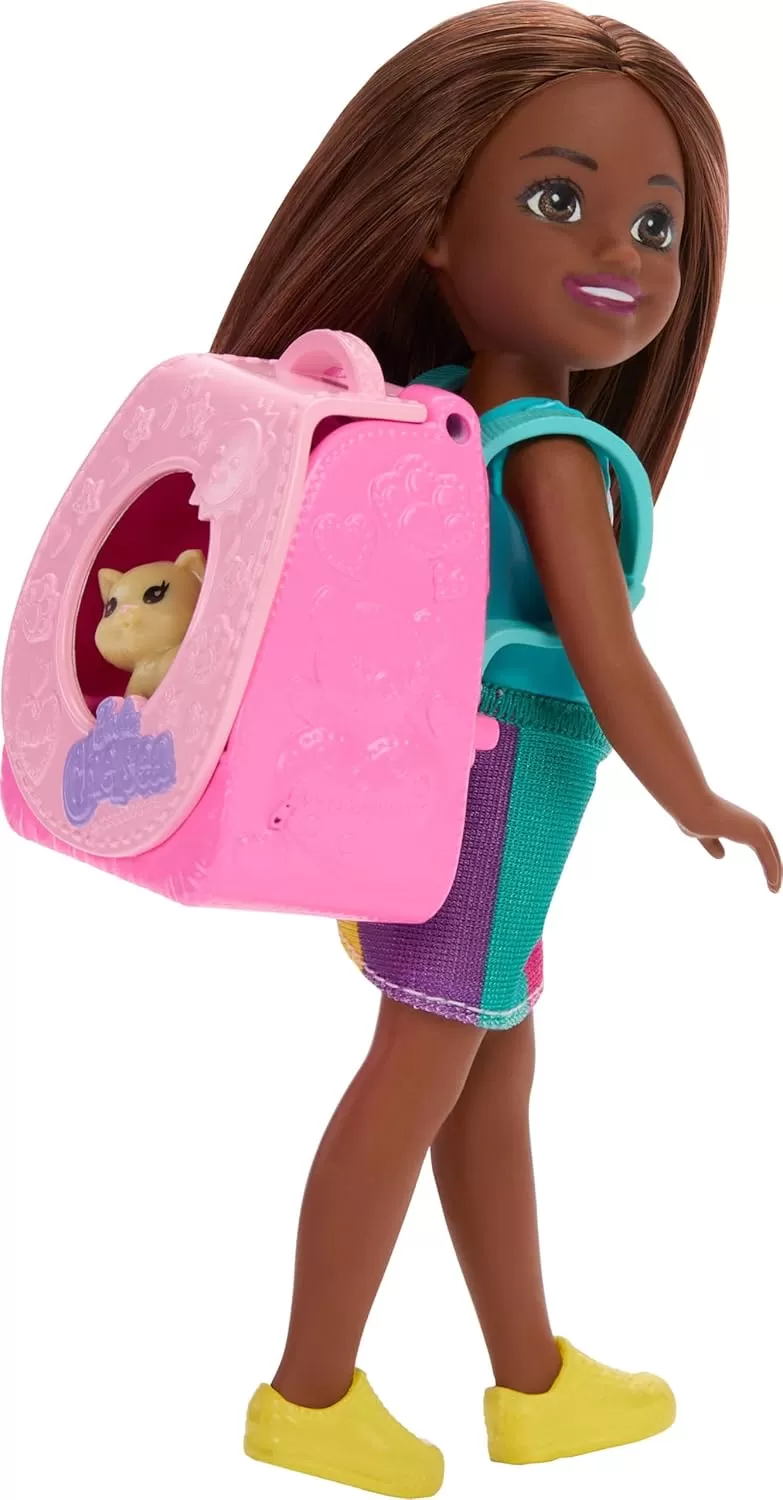 imageBarbie Family ampamp Friends Playtime Kitty Backpack Brunette Chelsea Doll and Accessories Including Backpack with Kitten Bottle and Yarn