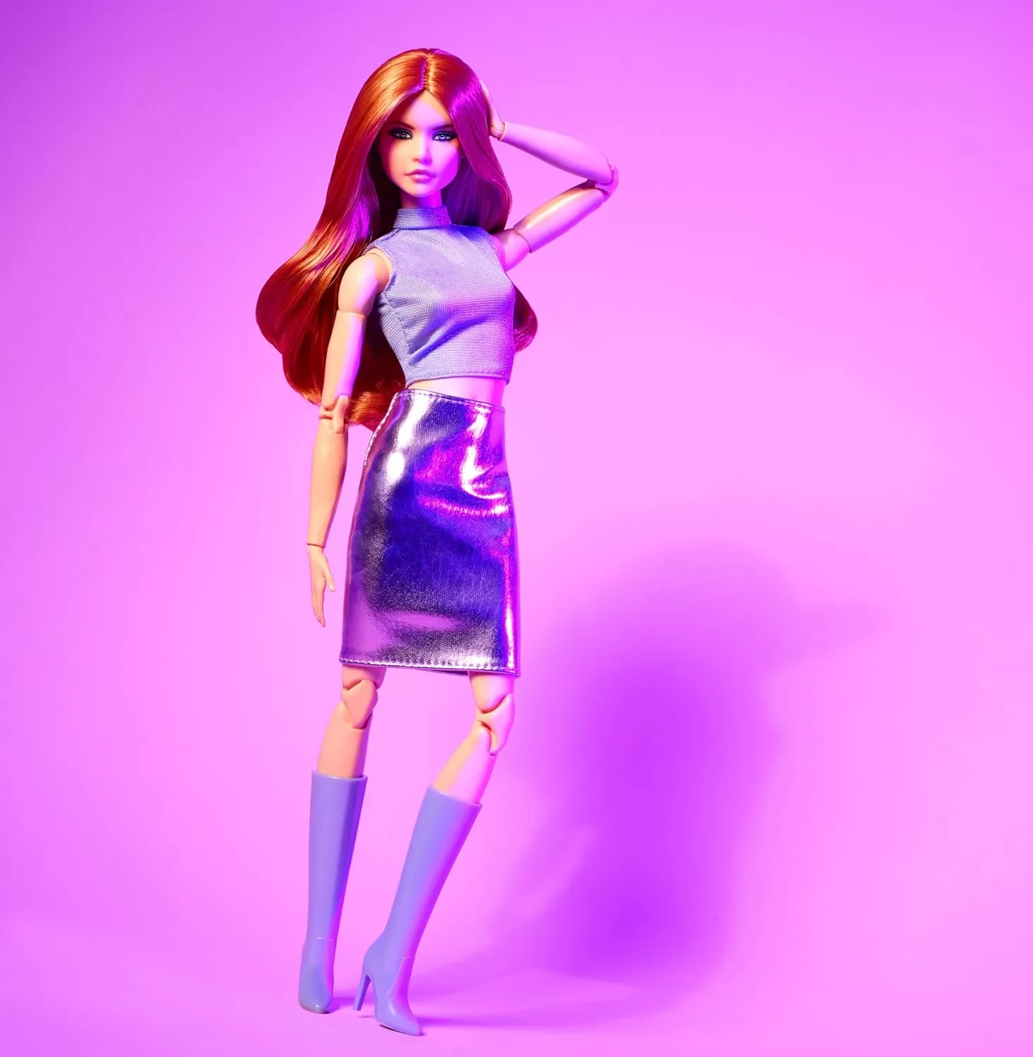 imageBarbie Looks Doll Collectible No 20 with Red Hair ampamp Modern Y2K Fashion Lavender Top ampamp FauxLeather Skirt with KneeHigh Boots