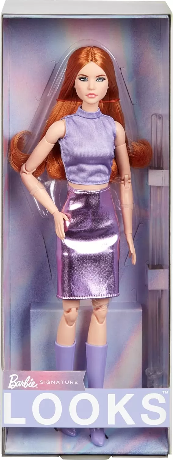 imageBarbie Looks Doll Collectible No 20 with Red Hair ampamp Modern Y2K Fashion Lavender Top ampamp FauxLeather Skirt with KneeHigh Boots