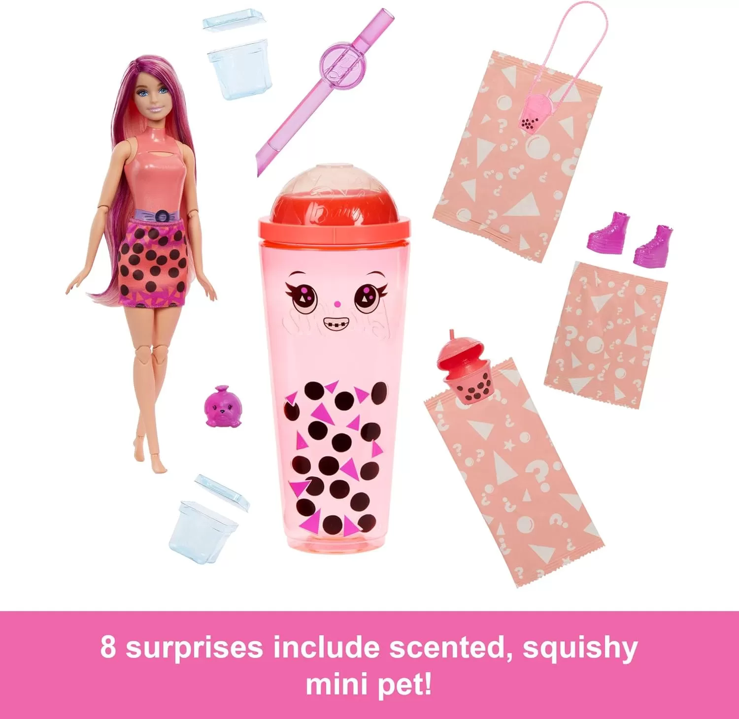 imageBarbie Pop Reveal Bubble Tea Series Doll ampamp Accessories with Fashion Doll ampamp Pet 8 Surprises Include Color Change Cup with Storage Styles May VaryMango Mochi