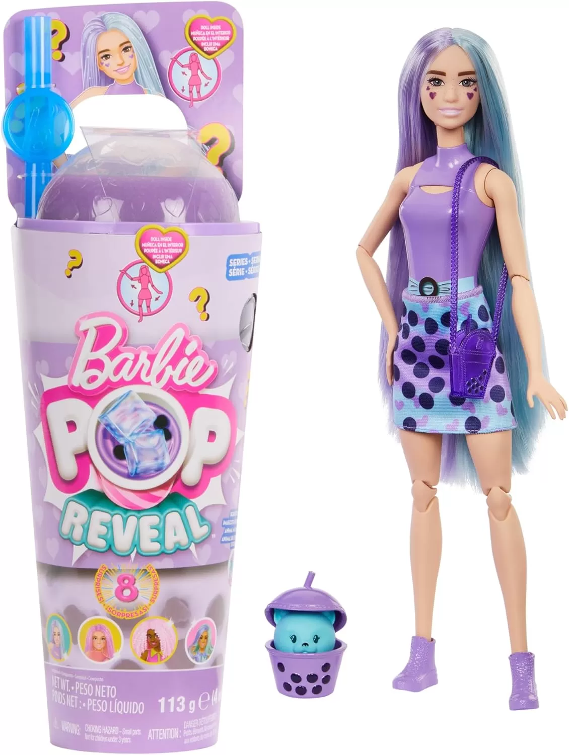 imageBarbie Pop Reveal Bubble Tea Series Doll ampamp Accessories with Fashion Doll ampamp Pet 8 Surprises Include Color Change Cup with Storage Styles May VaryTaro Milk