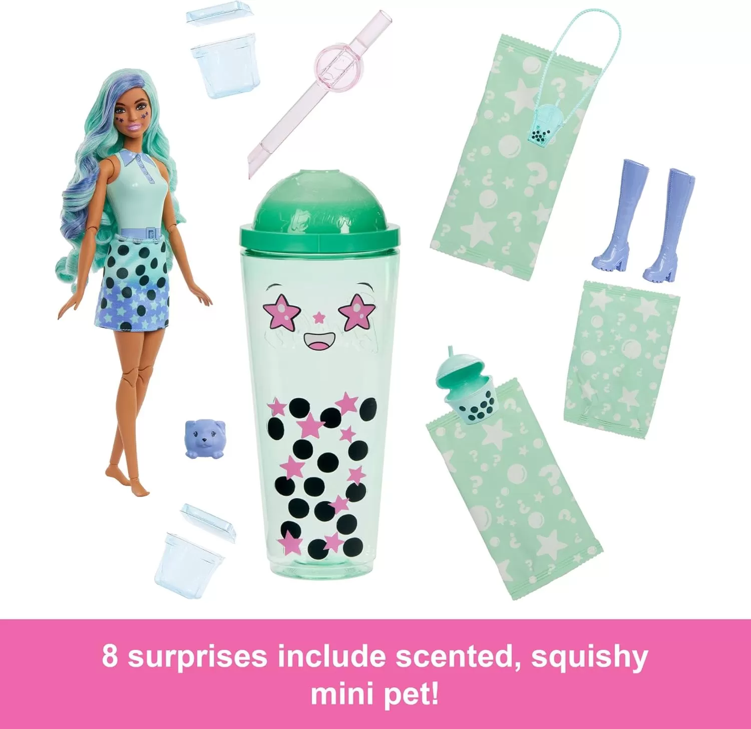 imageBarbie Pop Reveal Bubble Tea Series Doll ampamp Accessories with Fashion Doll ampamp Pet 8 Surprises Include Color Change Cup with Storage Styles May VaryGreen Tea