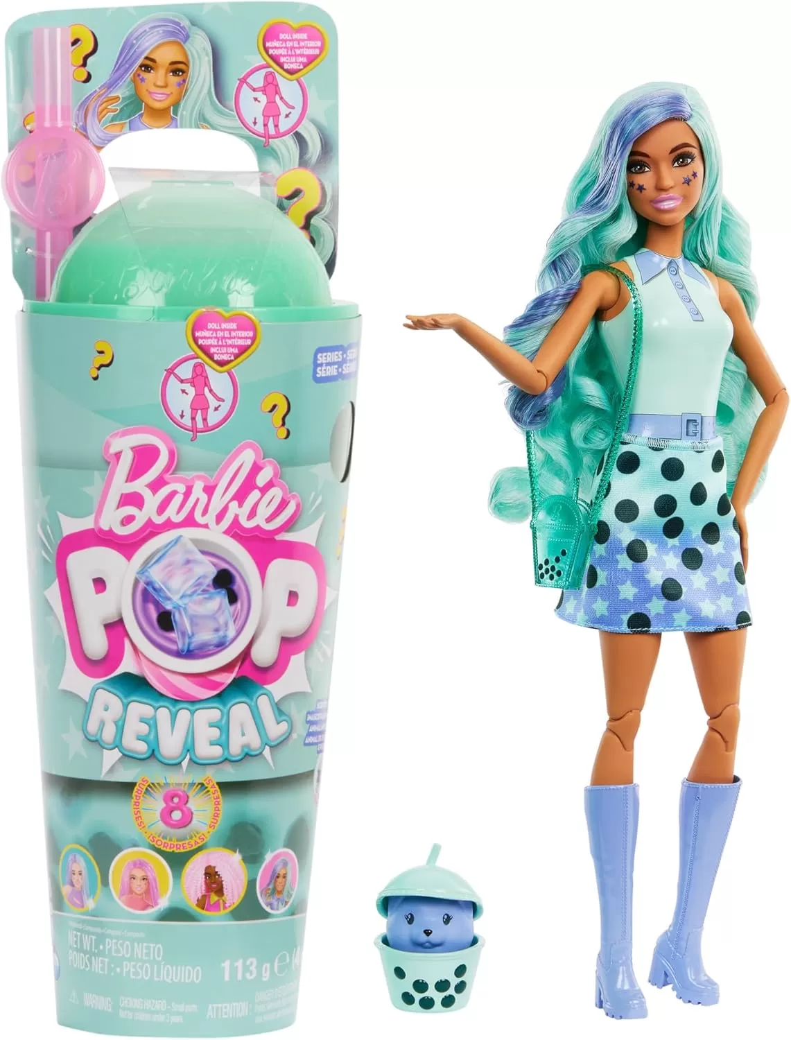 imageBarbie Pop Reveal Bubble Tea Series Doll ampamp Accessories with Fashion Doll ampamp Pet 8 Surprises Include Color Change Cup with Storage Styles May VaryGreen Tea