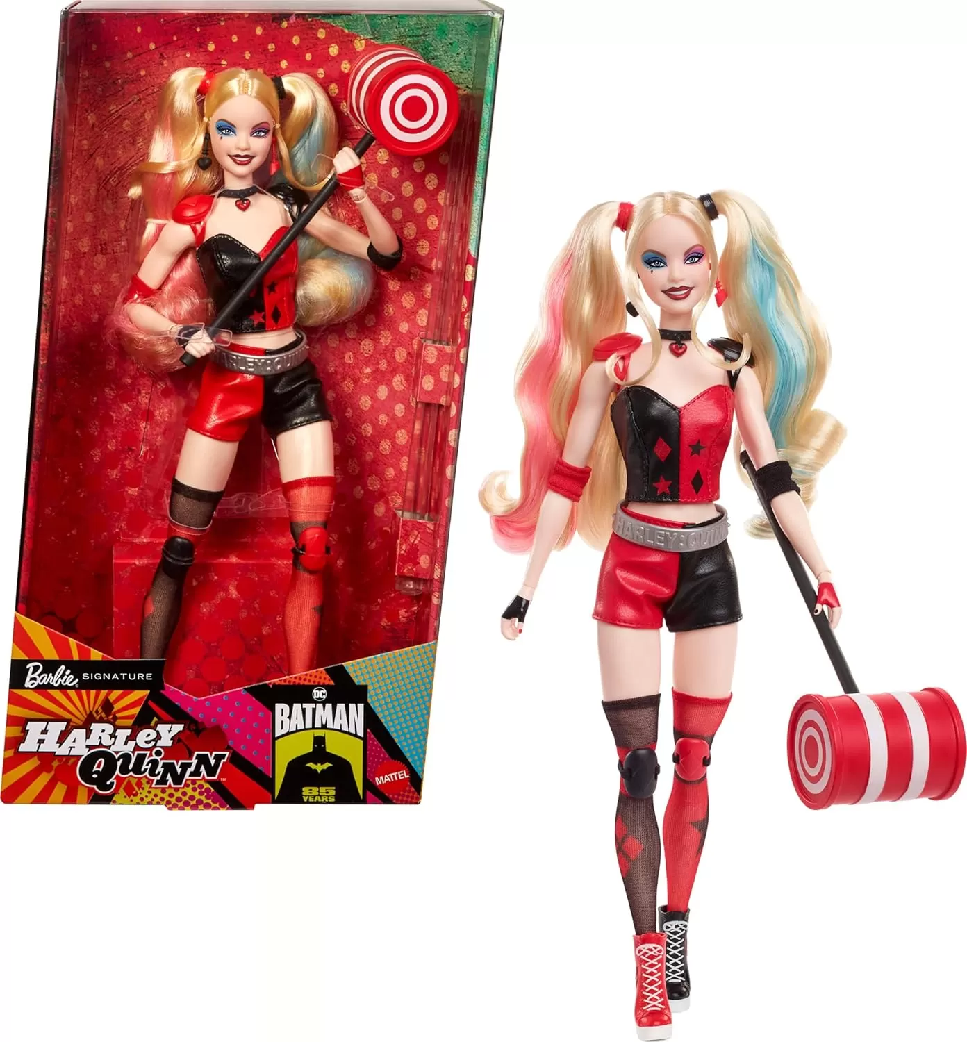 imageBarbie Signature Harley Quinn Collector Doll with Posable Body Iconic Outfit and Mallet Accessory DC Batman 85th Anniversary Collectible