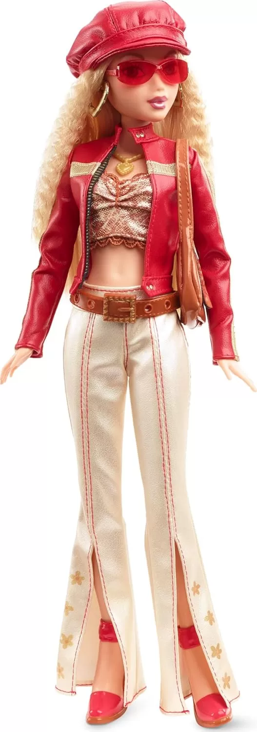 imageBarbie Signature My Scene Doll and Accessories in Y2KInspired Outfit with Pleather Jacket Flare Pants Saddle Bag and Doll Stand