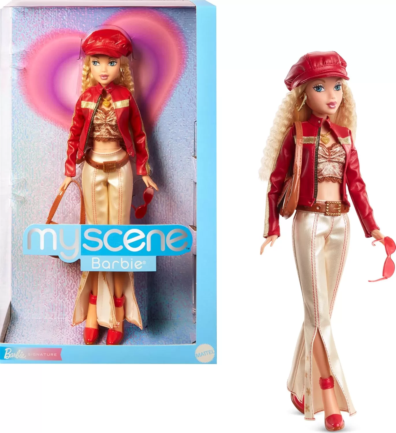 imageBarbie Signature My Scene Doll and Accessories in Y2KInspired Outfit with Pleather Jacket Flare Pants Saddle Bag and Doll Stand