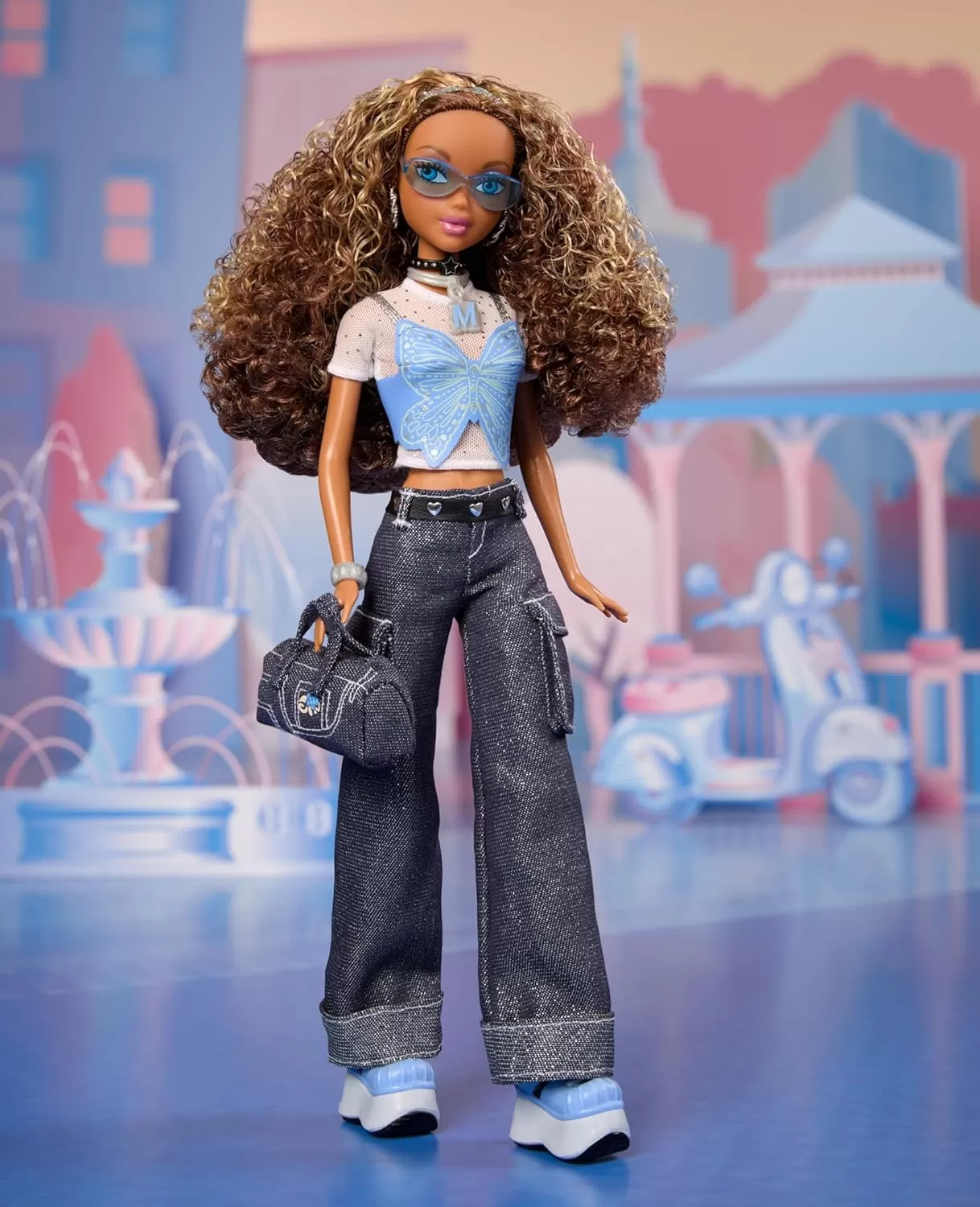 imageBarbie Signature My Scene Madison Doll and Accessories Y2KInspired Outfit with Butterfly Top Cargo Jeans Denim Bag and Doll Stand