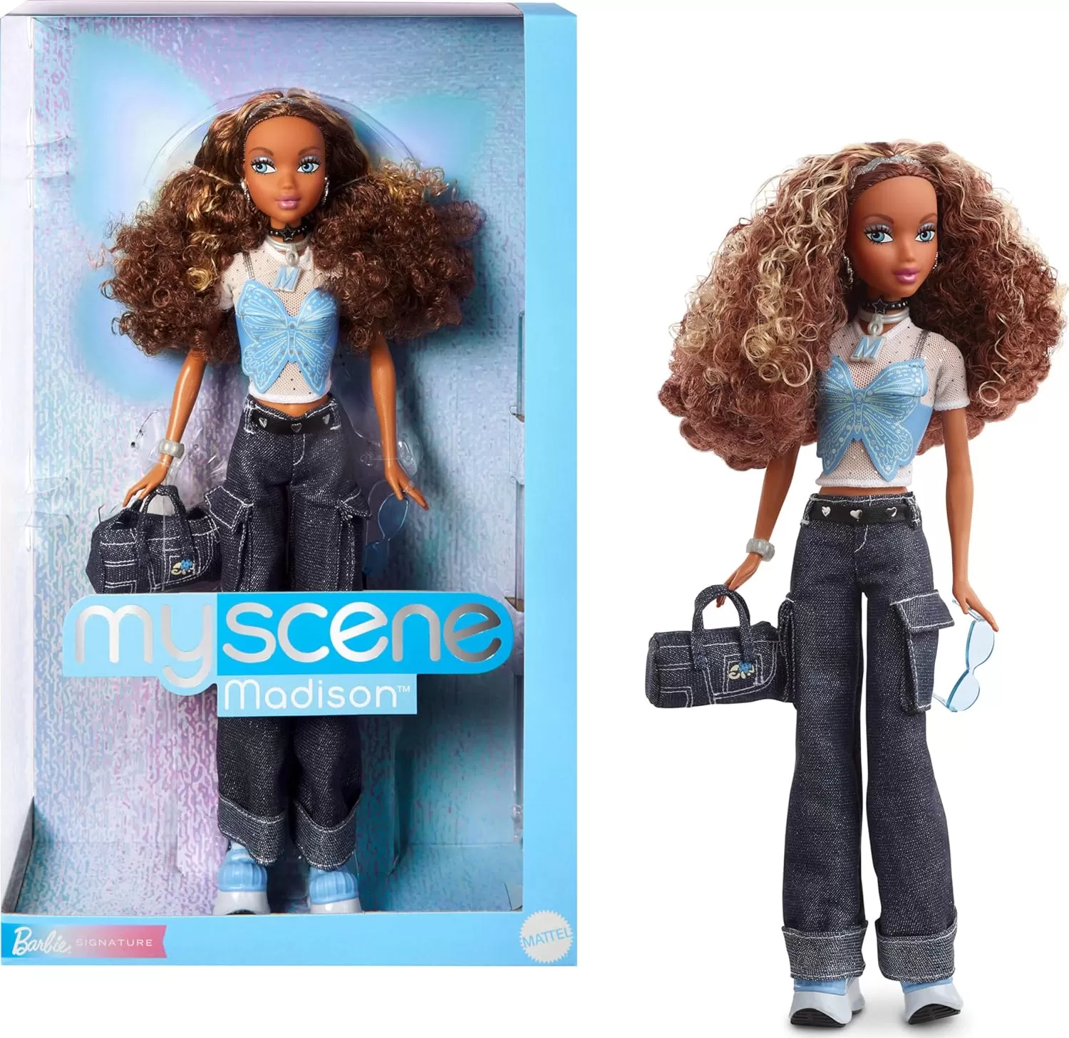 imageBarbie Signature My Scene Madison Doll and Accessories Y2KInspired Outfit with Butterfly Top Cargo Jeans Denim Bag and Doll Stand