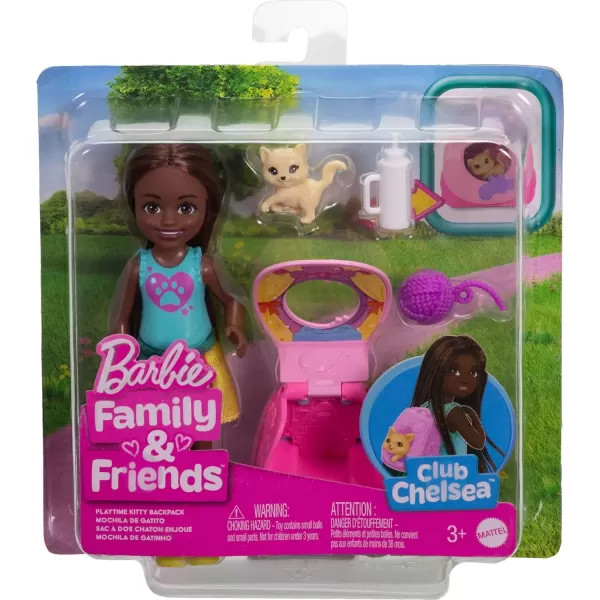 imageBarbie Family ampamp Friends Playtime Kitty Backpack Brunette Chelsea Doll and Accessories Including Backpack with Kitten Bottle and Yarn