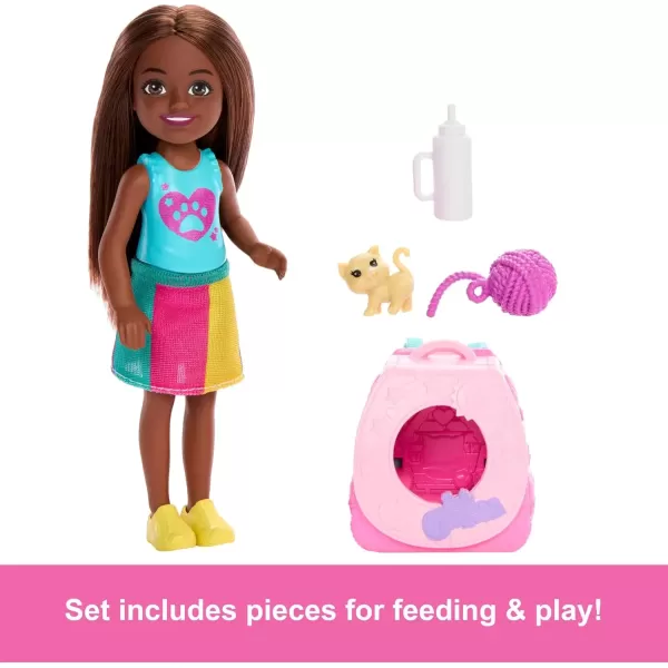 imageBarbie Family ampamp Friends Playtime Kitty Backpack Brunette Chelsea Doll and Accessories Including Backpack with Kitten Bottle and Yarn