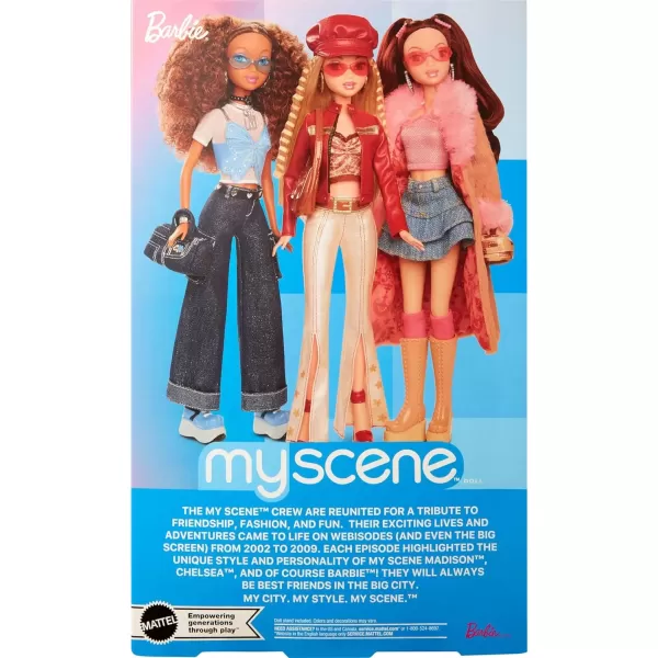 imageBarbie Signature My Scene Doll and Accessories in Y2KInspired Outfit with Pleather Jacket Flare Pants Saddle Bag and Doll Stand