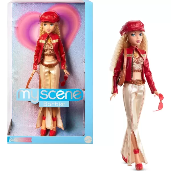 imageBarbie Signature My Scene Doll and Accessories in Y2KInspired Outfit with Pleather Jacket Flare Pants Saddle Bag and Doll Stand