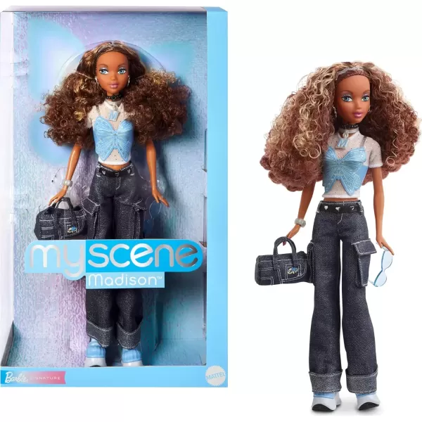 imageBarbie Signature My Scene Madison Doll and Accessories Y2KInspired Outfit with Butterfly Top Cargo Jeans Denim Bag and Doll Stand