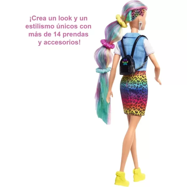 imageBarbie Doll Leopard Rainbow Hair with ColorChange Highlights ampamp 16 Styling Accessories Including Clothes Scrunchies Brush ampamp MoreBlue Eyes