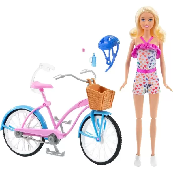 imageBarbie Doll ampamp Bike Set with Accessories Blonde in Rainbow Romper with Pink ampamp Blue Bicycle Helmet Basket ampamp Water Bottle