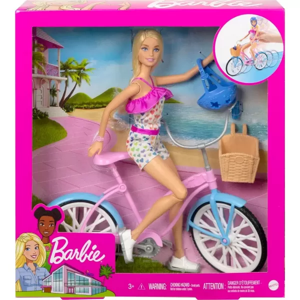 imageBarbie Doll ampamp Bike Set with Accessories Blonde in Rainbow Romper with Pink ampamp Blue Bicycle Helmet Basket ampamp Water Bottle