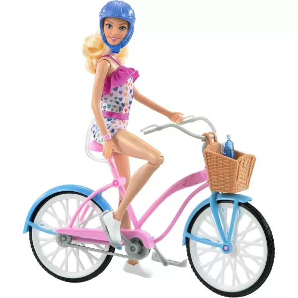 imageBarbie Doll ampamp Bike Set with Accessories Blonde in Rainbow Romper with Pink ampamp Blue Bicycle Helmet Basket ampamp Water Bottle