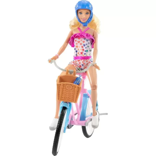 imageBarbie Doll ampamp Bike Set with Accessories Blonde in Rainbow Romper with Pink ampamp Blue Bicycle Helmet Basket ampamp Water Bottle