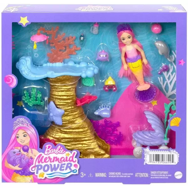 imageBarbie Mermaid Power Doll ampamp Playset Chelsea Mermaid Doll with 4 Sea Animal Pets Toy Coral Reef Play Area Stroller ampamp Accessories