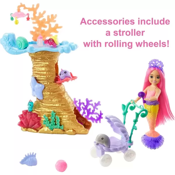 imageBarbie Mermaid Power Doll ampamp Playset Chelsea Mermaid Doll with 4 Sea Animal Pets Toy Coral Reef Play Area Stroller ampamp Accessories