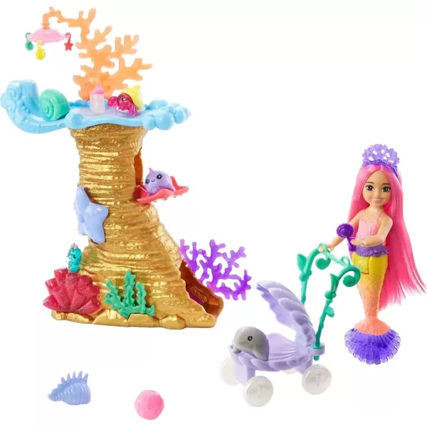 imageBarbie Mermaid Power Doll ampamp Playset Chelsea Mermaid Doll with 4 Sea Animal Pets Toy Coral Reef Play Area Stroller ampamp Accessories