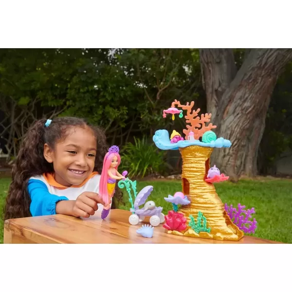 imageBarbie Mermaid Power Doll ampamp Playset Chelsea Mermaid Doll with 4 Sea Animal Pets Toy Coral Reef Play Area Stroller ampamp Accessories