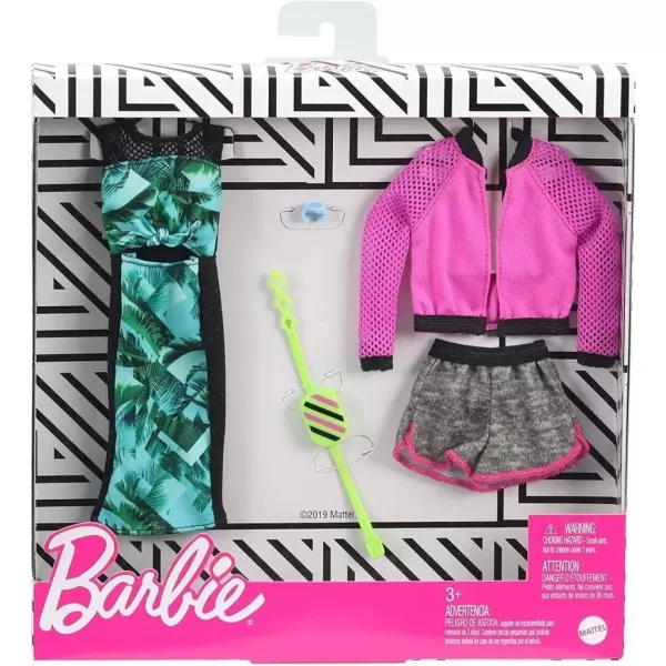 imageBarbie Fashions 2Pack Clothing Set 2 Outfits Doll Include Pink Sport Jacket Gray Shorts Blue Tropical Print Dress ampamp 2 Accessories for Kids 3 to 8 Years Old