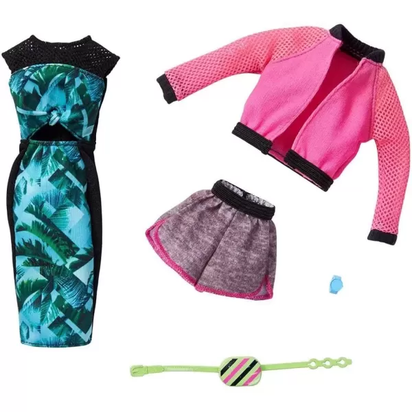 imageBarbie Fashions 2Pack Clothing Set 2 Outfits Doll Include Pink Sport Jacket Gray Shorts Blue Tropical Print Dress ampamp 2 Accessories for Kids 3 to 8 Years Old