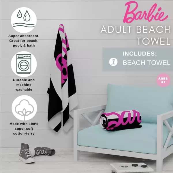 imageFranco Barbie Barbiecore Black ampamp White Striped Soft Cotton BathPoolBeach Towel 60 in x 30 in Official Licensed Barbie ProductBarbie