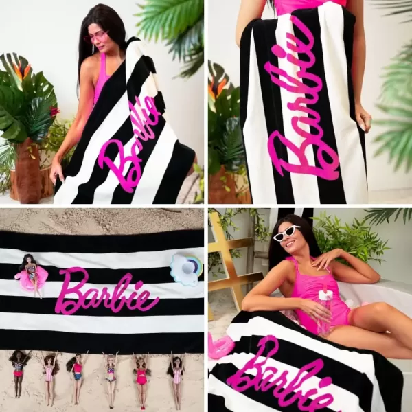 imageFranco Barbie Barbiecore Black ampamp White Striped Soft Cotton BathPoolBeach Towel 60 in x 30 in Official Licensed Barbie ProductBarbie