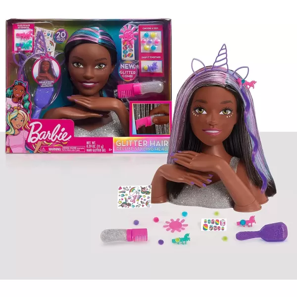 imageBarbie Deluxe 20Piece Glitter and Go 1275inch Styling Head with Accessories Black Hair Kids Toys for Ages 5 Up by Just PlayMulticolor