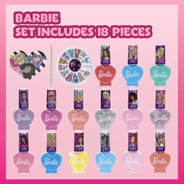 imageBarbie Movie 18 Piece Set Kids WaterBased Nail Polish Activity Makeup Set Includes Nail Polish with Nail Gems Wheel and Nail File for Parties Sleepovers and Makeovers Townley Girl