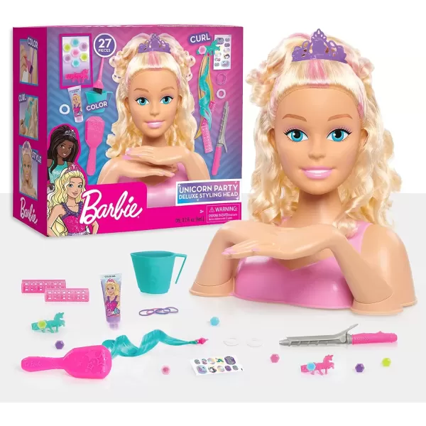 imageBarbie Unicorn Party 26piece Deluxe Styling Head Blonde Hair Blue Eyes Pretend Play Kids Toys for Ages 5 Up by Just PlayPink