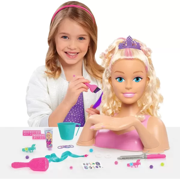 imageBarbie Unicorn Party 26piece Deluxe Styling Head Blonde Hair Blue Eyes Pretend Play Kids Toys for Ages 5 Up by Just PlayPink