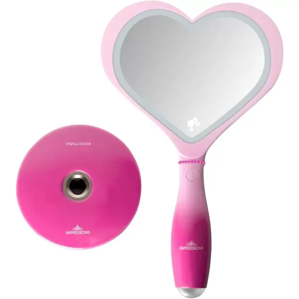 imageImpressions Vanity Barbie LED Handheld Makeup Mirror with Standing Base Portable Travel Hand Held Mirror with Heart Shaped Lighting Adjustable Brightness Magnetic Ball Stand