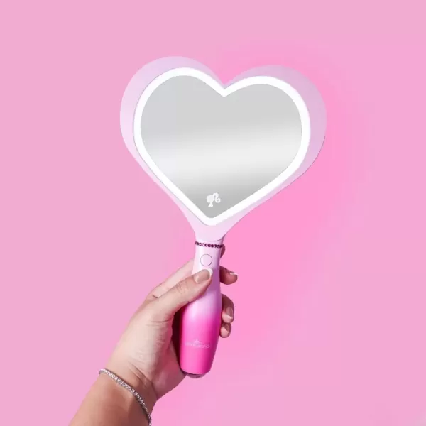 imageImpressions Vanity Barbie LED Handheld Makeup Mirror with Standing Base Portable Travel Hand Held Mirror with Heart Shaped Lighting Adjustable Brightness Magnetic Ball Stand