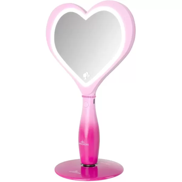 imageImpressions Vanity Barbie LED Handheld Makeup Mirror with Standing Base Portable Travel Hand Held Mirror with Heart Shaped Lighting Adjustable Brightness Magnetic Ball Stand