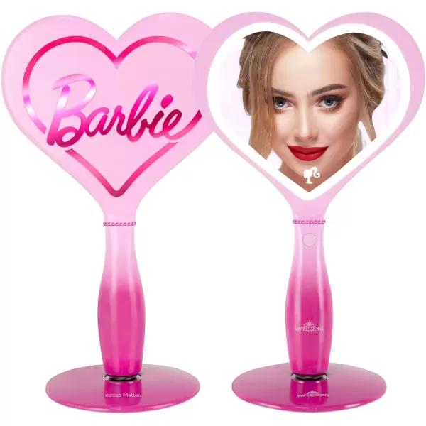 imageImpressions Vanity Barbie LED Handheld Makeup Mirror with Standing Base Portable Travel Hand Held Mirror with Heart Shaped Lighting Adjustable Brightness Magnetic Ball Stand