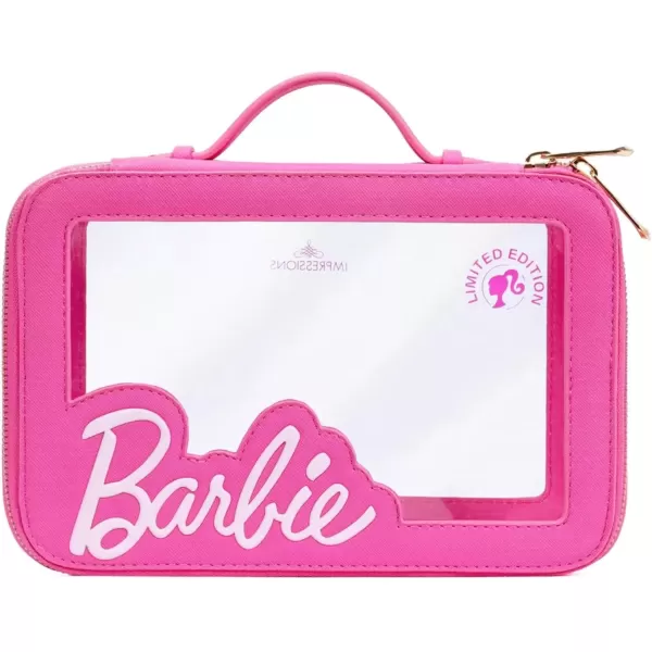 imageImpressions Vanity Barbie Travel Makeup Case for Girls Waterproof Vinyl Clear Cosmetic Bag Organizer with Double Golden Zipper Soft Top Handle and Faux Leather