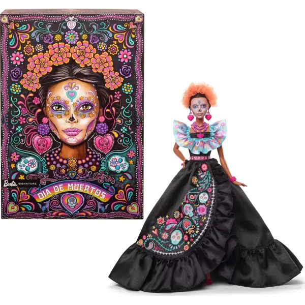 imageBarbie Signature Doll 2024 Da De Muertos Collectible in Black Dress with Blue Ruffle Top Embroidered Print and Colorful AccessoriesBarbie