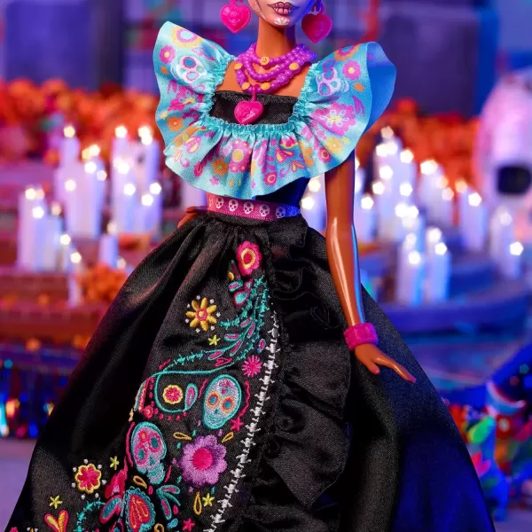 imageBarbie Signature Doll 2024 Da De Muertos Collectible in Black Dress with Blue Ruffle Top Embroidered Print and Colorful AccessoriesBarbie