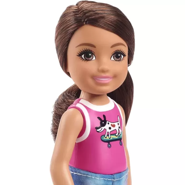 imageMattel  Barbie Chelsea Friend Doll Wearing Pink Shirt with a Dog on a Skateboard TieDye Shorts and Yellow Shoes