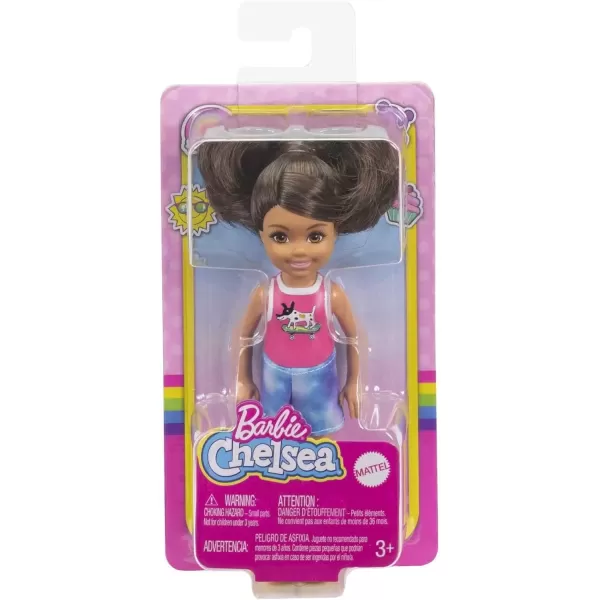 imageMattel  Barbie Chelsea Friend Doll Wearing Pink Shirt with a Dog on a Skateboard TieDye Shorts and Yellow Shoes