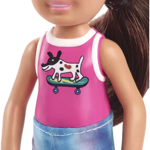 imageMattel  Barbie Chelsea Friend Doll Wearing Pink Shirt with a Dog on a Skateboard TieDye Shorts and Yellow Shoes