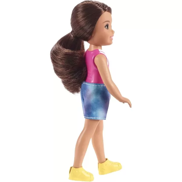 imageMattel  Barbie Chelsea Friend Doll Wearing Pink Shirt with a Dog on a Skateboard TieDye Shorts and Yellow Shoes