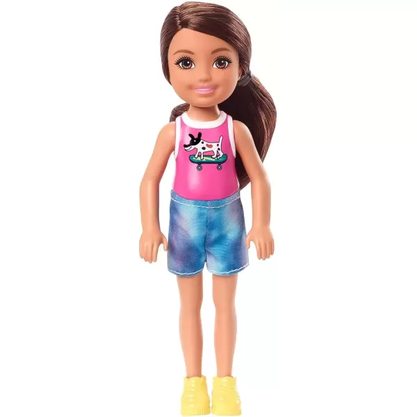 imageMattel  Barbie Chelsea Friend Doll Wearing Pink Shirt with a Dog on a Skateboard TieDye Shorts and Yellow Shoes